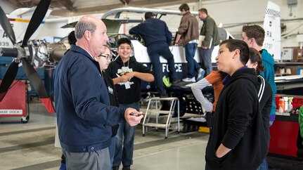 Robert Hamm, 12th Maintenance Group deputy director, speaks to Judson High School Science, Technology, Engineering, and Mathematics Academy students about aircraft maintenance activities Feb. 2, 2017 at Joint Base San Antonio-Randolph. The students participated in the 2017 Job Shadow Day.

