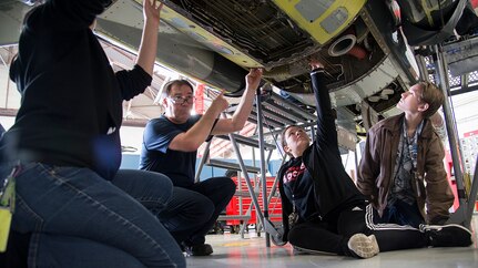 An aircraft maintainer from the 12th Maintenance Group shows students from the Judson High School Science, Technology, Engineering, and Mathematics Academy ongoing repairs to a T-38C Talon Feb. 2, 2017 at Joint Base San Antonio-Randolph. The students participated in the 2017 Job Shadow Day.

