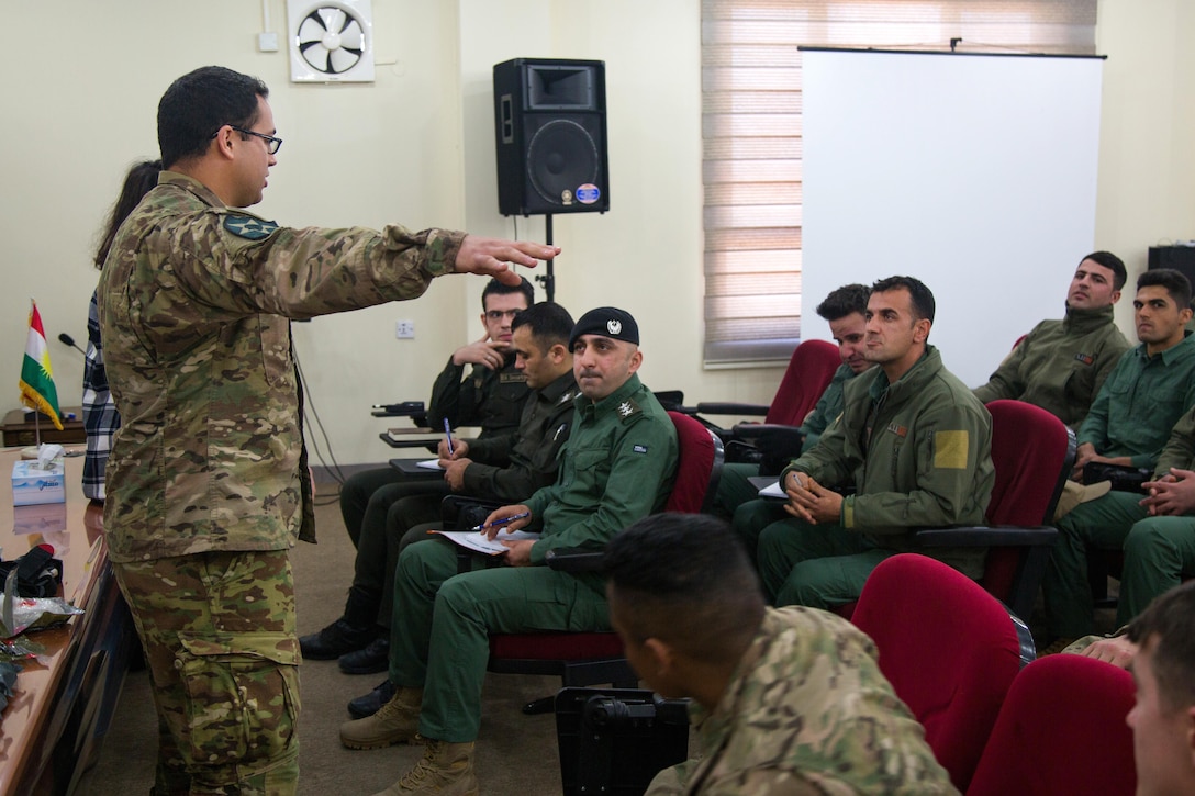 Army Sgt. Jeremy Martinez, left, teaches a class on tactical combat casualty care to Kurdish security forces near Erbil, Iraq, Feb. 19, 2017. Martinez is a medic assigned to the 82nd Airborne Division’s Company B, 2nd Battalion, 325th Airborne Infantry Regiment, 2nd Brigade Combat Team. The training is a part of the overall Combined Joint Task Force – Operation Inherent Resolve mission to increase the capacity of partnered forces fighting ISIS. Army photo by Spc. Craig Jensen