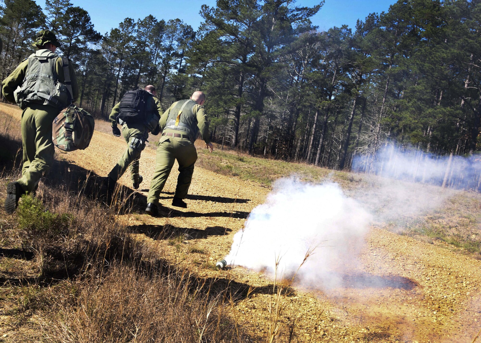 The Royal Canadian Air Force 436 Transport Squadron participate in survival, evasion, resistance and escape training Feb. 10, 2017, near Alexandria, La. Aircrew members must be able to survive on their own in any environment under any condition in the event their aircraft goes down. (U.S. Air Force photo by Senior Airman Stephanie Serrano)