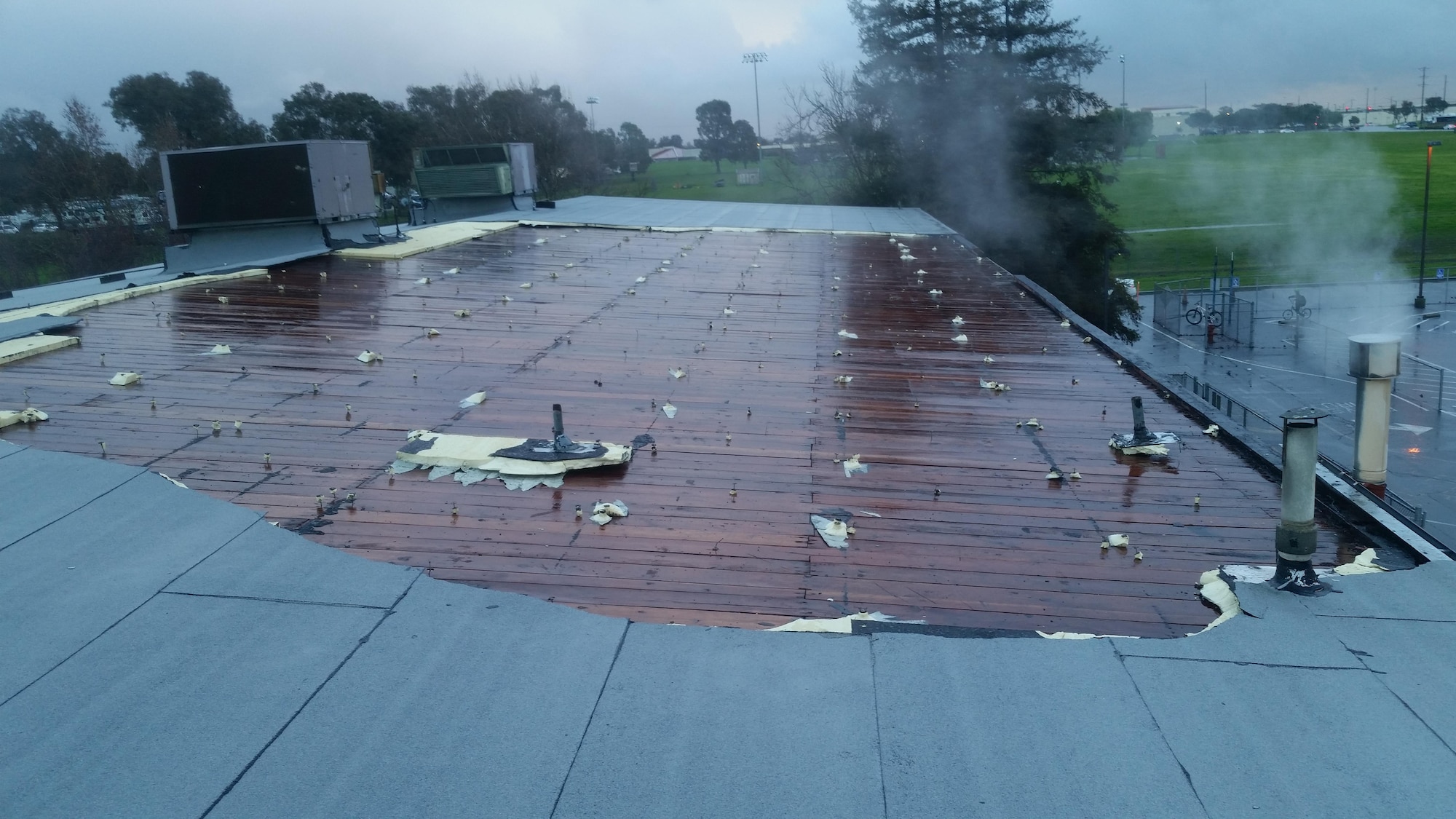 Severe winds and rain damaged a large portion of the roof above Travis Elementary School's multipurpose room. The damage resulted in large amounts of water leaking into the room. The room is currently off limits and a new roof is estimated to cost approximately $169,069. (U.S. Air Force photo/Tech. Sgt. James Hodgman)