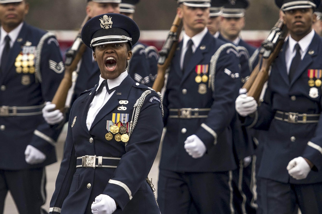 Airmen assigned to the U.S. Air Force Honor Guard march 