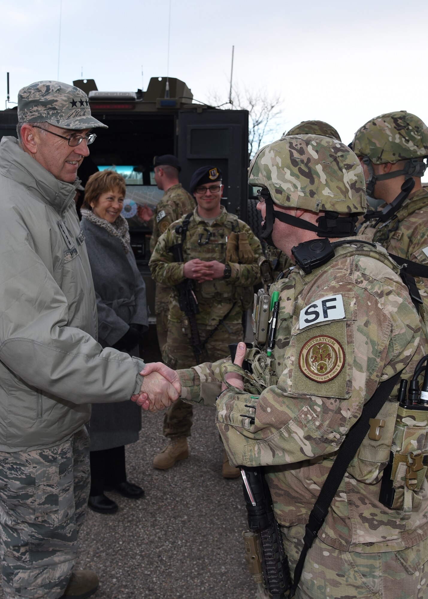 U.S. Air Force Gen. John E. Hyten, U.S. Strategic Command commander, meets with Airmen from the 790th Missile Security Forces Squadron during a convoy demonstration at F.E. Warren Air Force Base, Wyo., Feb. 22, 2017. Convoys protect and secure cargo on route to designated launch facilities. This was Hyten’s first visit to the 90th Missile Wing as USSTRATCOM commander. (U.S. Air Force photo by Glenn S. Robertson)