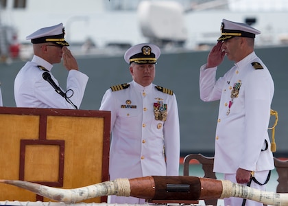 PEARL HARBOR, Hawaii (Feb. 24, 2017) Cmdr. Mike R. Dolbec, left, relieves Cmdr. Todd J. Nethercott, right, as the commanding officer of Virginia-class fast-attack submarine USS Texas (SSN 775), during a change of command ceremony on the historic submarine piers in Joint Base Pearl Harbor-Hickam. (U.S. Navy photo by Mass Communication Specialist 2nd Class Michael Lee/Released)