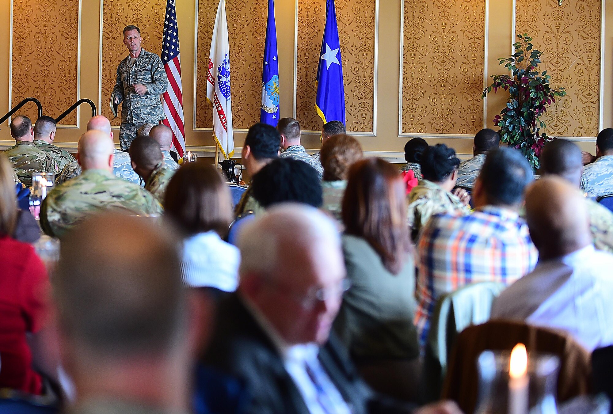 U.S. Air Force Chaplain (Maj. Gen.) Dondi E. Costin, Headquarters chief of chaplains, speaks during the National Prayer Luncheon at Joint Base Langley-Eustis, Va., Feb. 22, 2017. Costin was the event’s key speaker and provided fellowship, thanks and praise to the individuals who attended the luncheon. (U.S. Air Force photo by Senior Airman Kimberly Nagle)