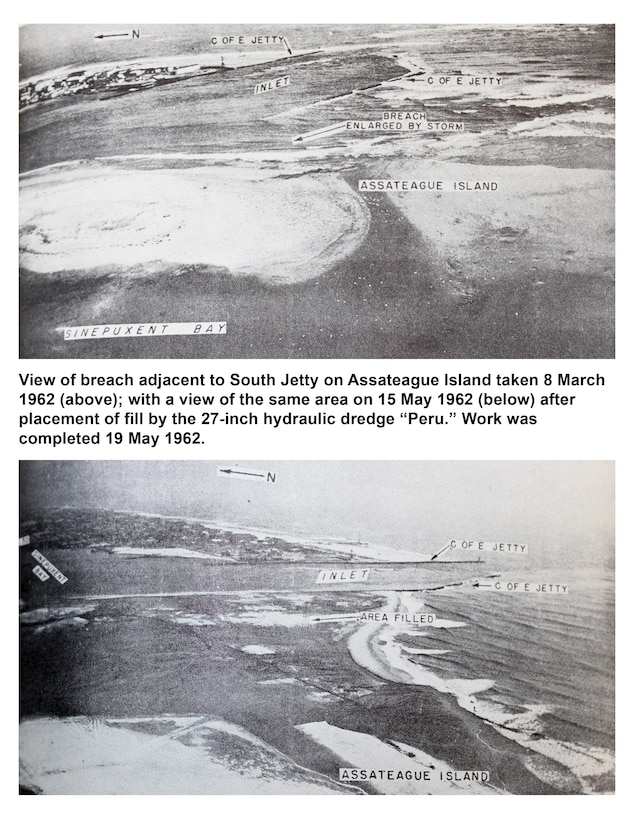 Original Caption from 1963 Report: View of breach adjacent to South Jetty on Assateague Island taken 8 March 1962 (above) with a view of the same area on 15 May 1962 (below) after placement of fill by the 27-inch hydraulic dredge "Peru." Work was completed 19 May 1962.