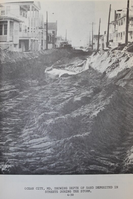 Original Caption from 1963 Report: Ocean City, MD. showing the depth of sand deposited in the streets during the storm.