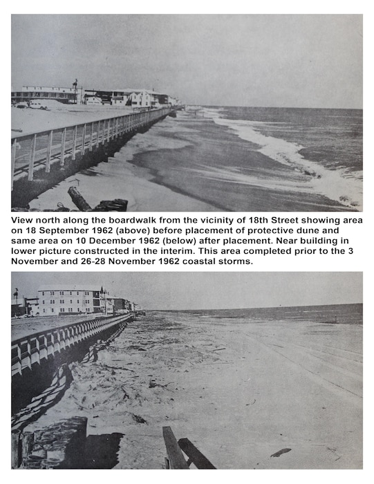 Original Caption from 1963 Report: View north along the boardwalk from the vicinity of 18th Street showing area on 18 September 1962 (above) before placement of protective dune and same area on 10 December 1962 (below) after placement. Near building in the lower picture constructed in the interim. This area completed prior to the 3 November and 26-28 November 1962 coastal storms.