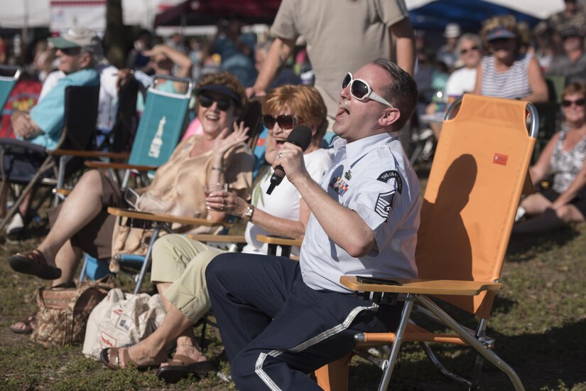 Master Sgt. Joe Haughton, U.S. Air Force Band Singing Sergeants ensemble tenor vocalist, performs the 1951 hit "Cry," orginally sung by Johnnie Ray and The Four Lads, in Cape Coral, Fla., Feb. 26, 2017. The Singing Sergeants performed a variety of hits from the 1940s and '50s during a week-long community outreach tour in Central Fla. (U.S. Air Force photo by Airman 1st Class Rustie Kramer)