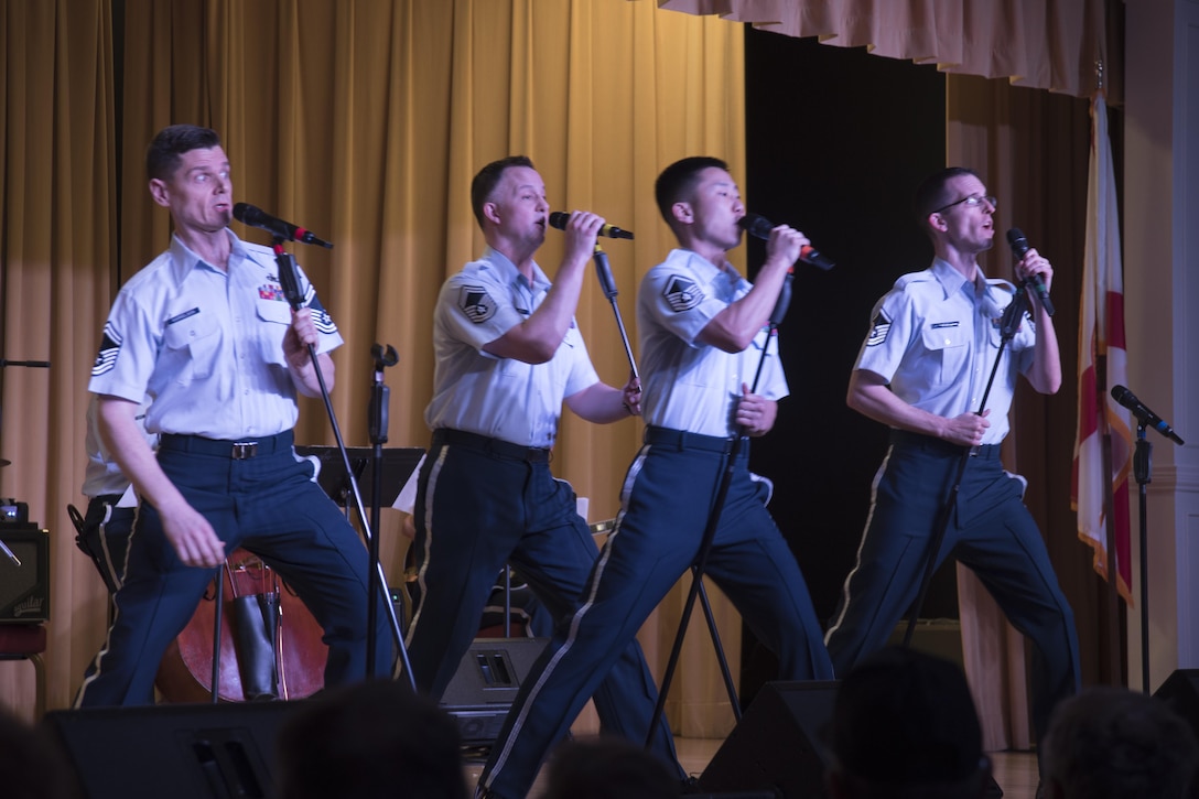 Members of the U.S. Air Force Band Singing Sergeants ensemble perform during a show at the Eisenhower Regional Recreational Center in The Villages, Fla., Feb. 22, 2017. The Singing Sergeants performed a variety of popular songs from the 1940s and '50s for audiences during their weeklong community outreach tour. (U.S. Air Force Photo by Airman 1st Class Rustie Kramer)