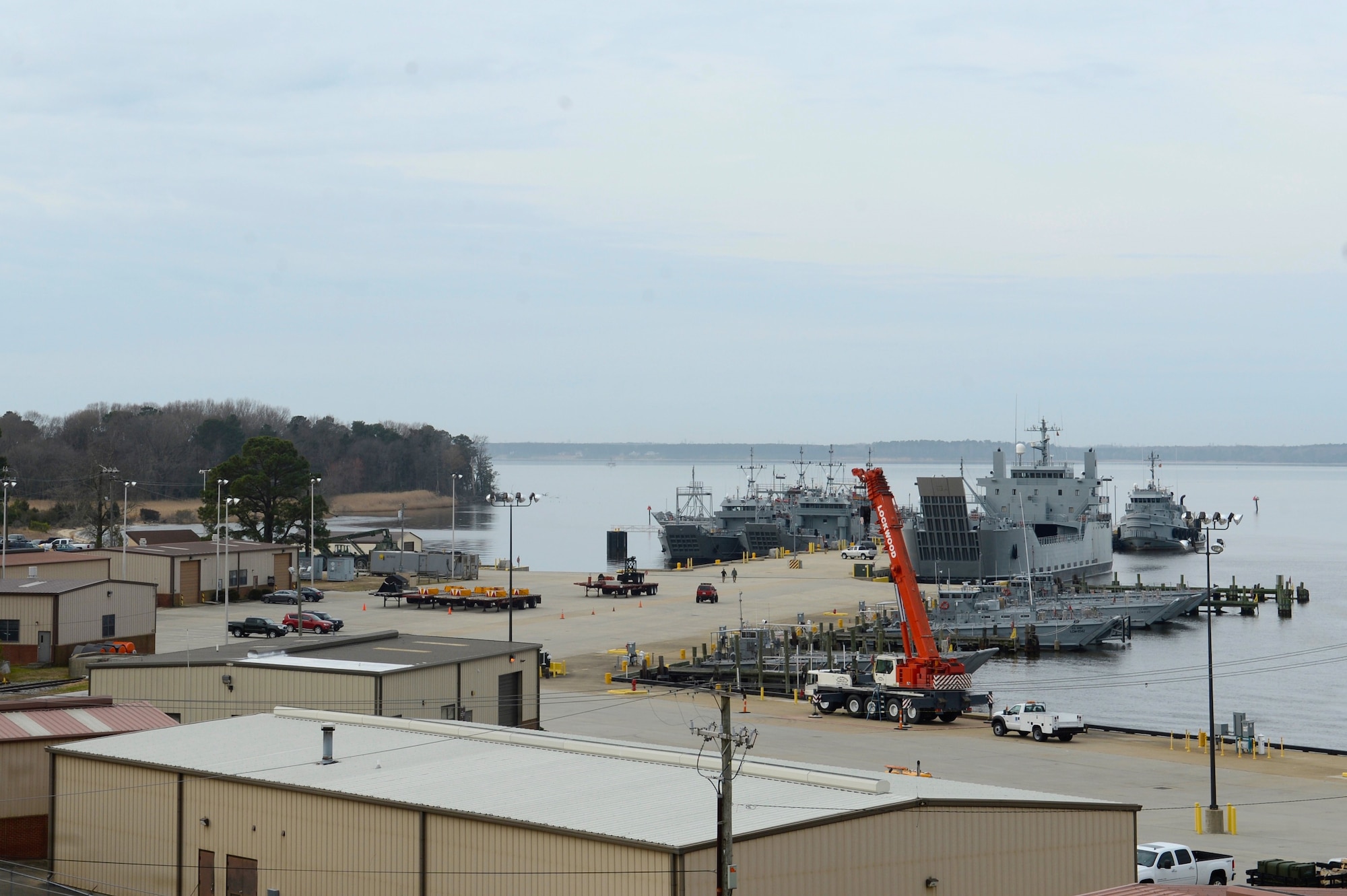Vessels sit in the docks at Third Port at Joint Base Langley-Eustis, Va., Feb. 22, 2017. Third Port, a 40-acre pier complex, is the only operational pier for deployment readiness and recovery in the U.S. Army. (U.S. Air Force photo by Airman 1st Class Kaylee Dubois.)
