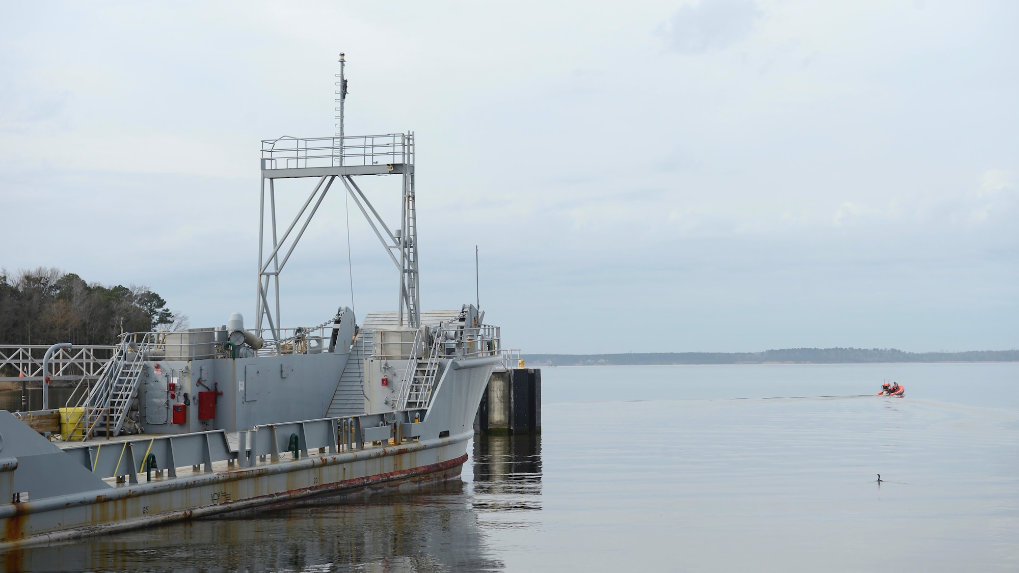 A U.S. Army training group sails out of Third Port at Joint Base Langley-Eustis, Va., Feb. 22, 2017. The location of the port provides access to deep water which is optimal for vessel training. (U.S. Air Force photo by Airman 1st Class Kaylee Dubois.)
