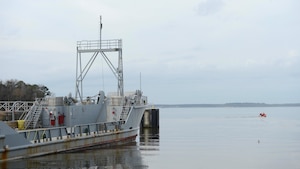 A U.S. Army training group sails out of Third Port at Joint Base Langley-Eustis, Va., Feb. 22, 2017. The location of the port provides access to deep water which is optimal for vessel training. (U.S. Air Force photo by Airman 1st Class Kaylee Dubois.)