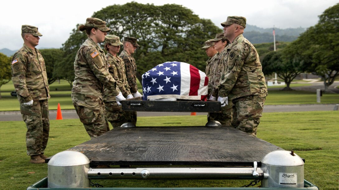 Members of the honor guard detail for the Defense POW/MIA Accounting Agency carry the casket of an unknown service member during a disinterment ceremony at the National Memorial Cemetery of the Pacific in Honolulu, Feb. 27, 2017. The disinterred remains will go to the agency's laboratory for identification. The agency's mission is to provide the fullest possible accounting of U.S. missing personnel to their families and the nation. Navy photo by Petty Officer 3rd Class Armando Velez