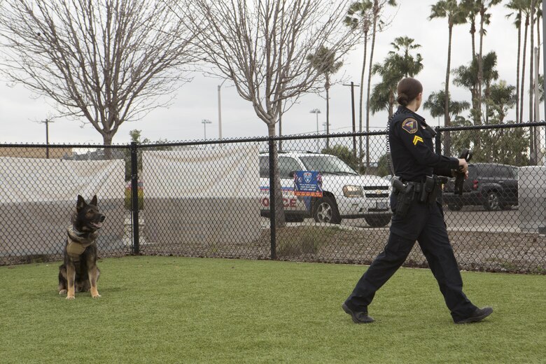 A civilian law enforcement officer with the Provost Marshal's Office at Marine Corps Air Station Miramar, Calif., demonstrates how her military working dog is trained in obedience during a K-9 demonstration at the Miramar Youth and Teen Center on MCAS Miramar, Feb. 17. Military working dog handlers develop relationships with their dogs to ensure they are able to work together as a team to aid in base security. (U. S. Marine Corps photo by Lance Cpl. Liah Kitchen/Released)