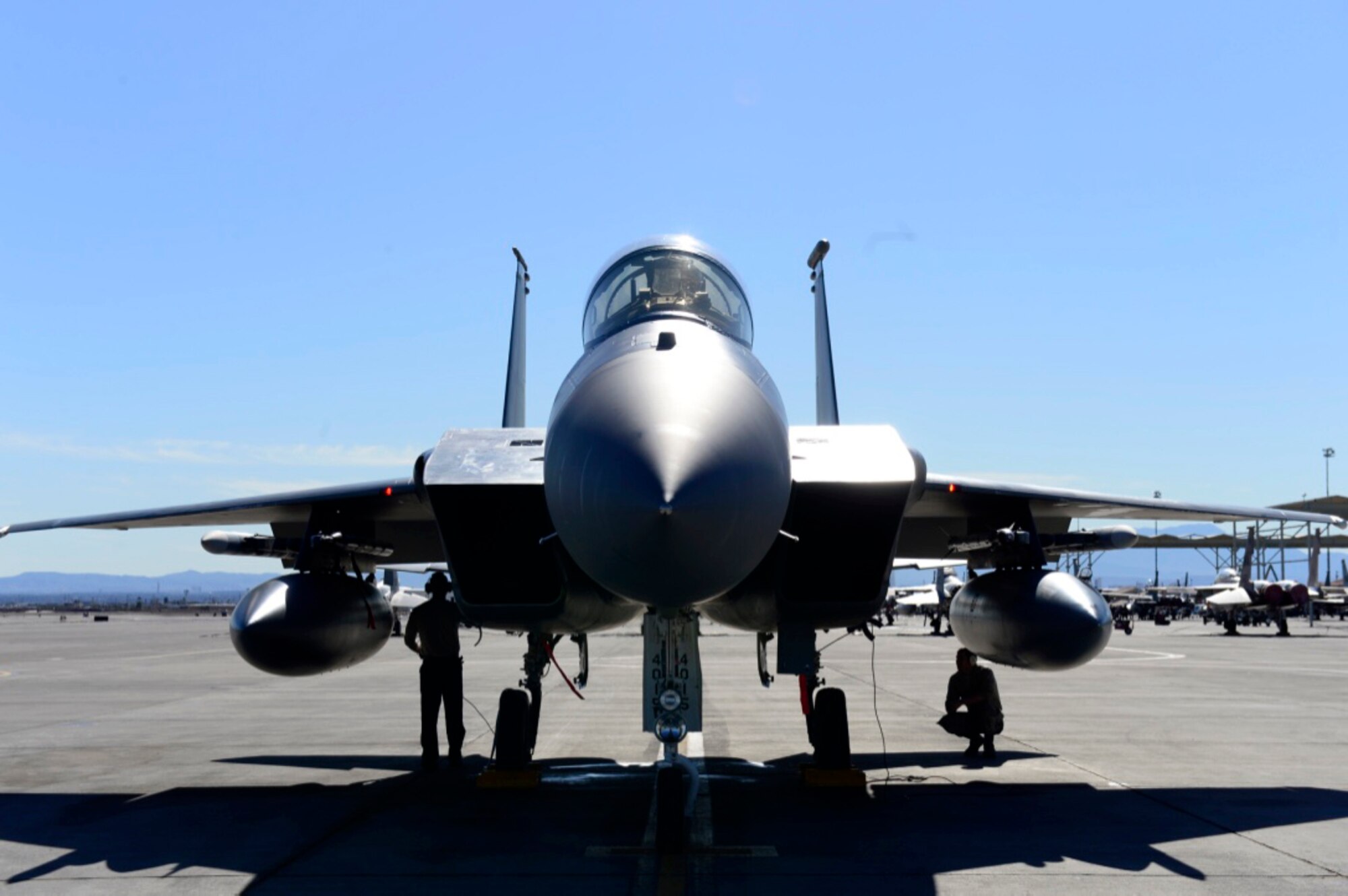 An F-15C Eagle from the 493rd Fighter Squadron is prepared for a sortie for exercise Red Flag 17-2 at Nellis Air Force Base, Nev., Feb. 24. Red Flag provides an opportunity for the 493rd FS aircrew and maintainers to enhance their tactical operational skills alongside military aircraft from coalition forces. (U.S. Air Force photo/Senior Airman Malcolm Mayfield)