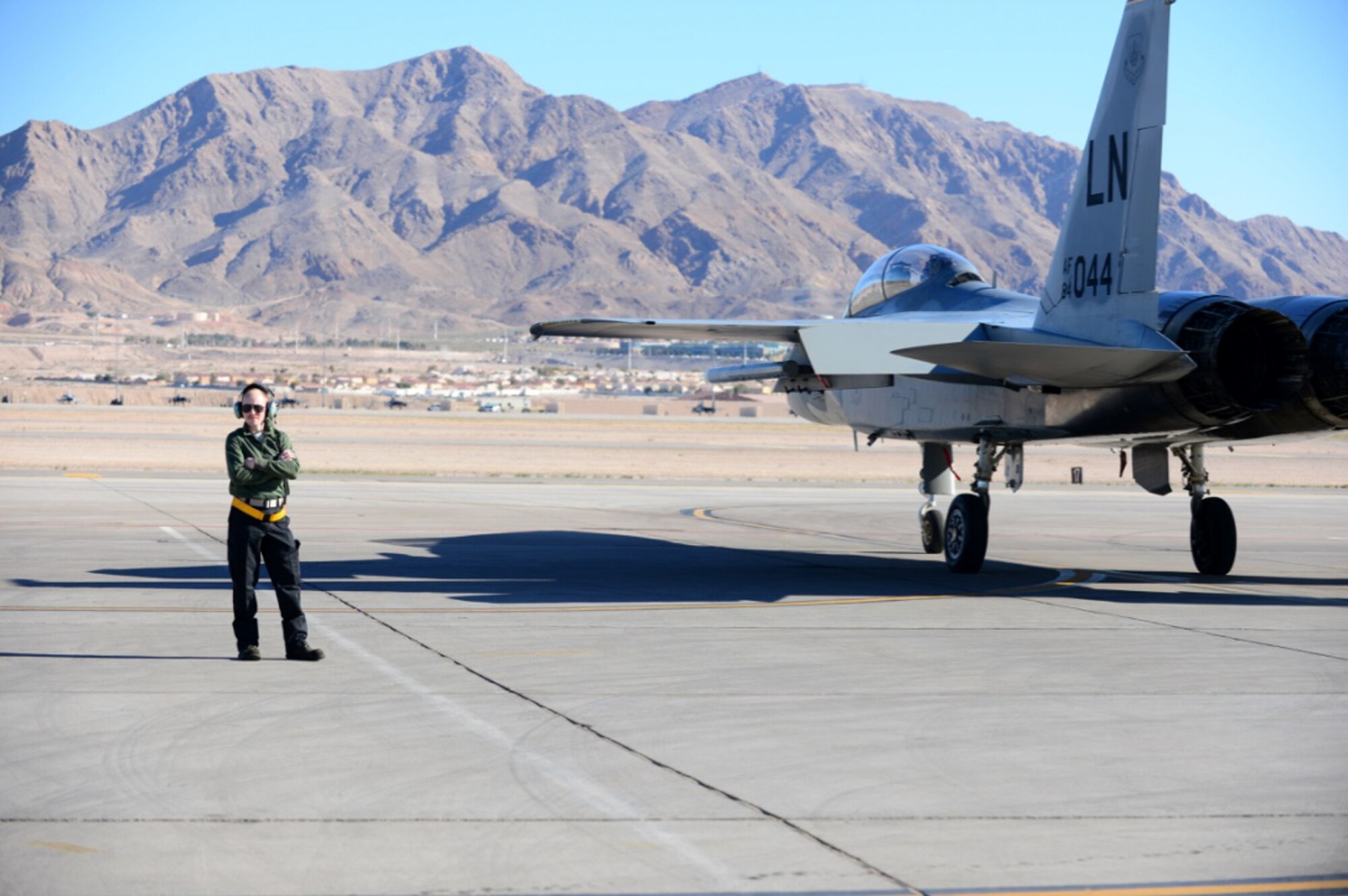 An F-15D Eagle from the 493rd Fighter Squadron taxies out for a sortie in preparation for exercise Red Flag 17-2 at Nellis Air Force Base, Nev., Feb 24. Red Flag provides an opportunity for the 493rd FS aircrew and maintainers to enhance their tactical operational skills alongside military aircraft from coalition forces. (U.S. Air Force photo/Senior Airman Malcolm Mayfield)
