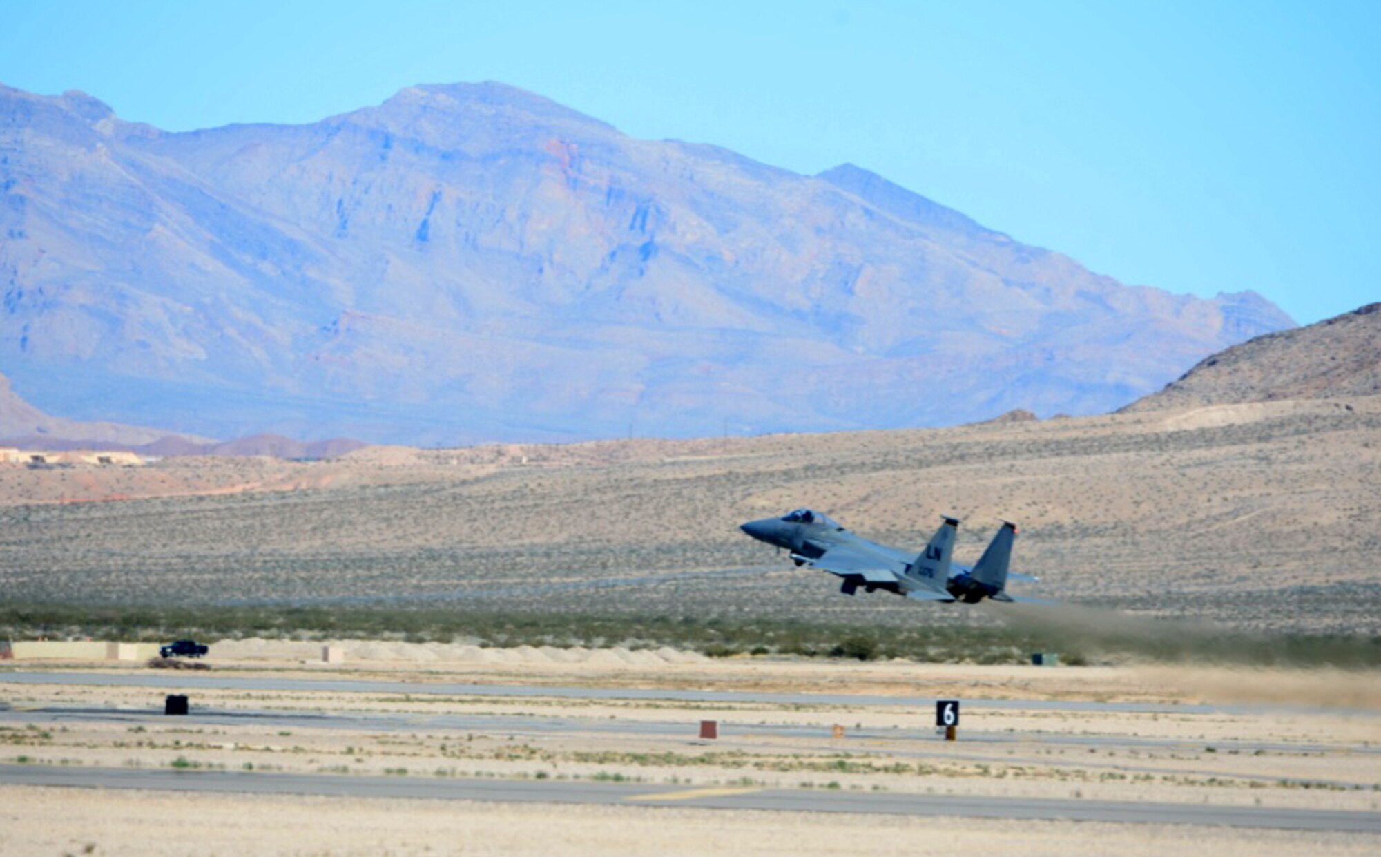 An F-15C Eagle from the 493rd Fighter Squadron launches for a sortie in support of exercise Red Flag 17-2 at Nellis Air Force Base, Nev., Feb 24. Red Flag is a realistic combat exercise involving U.S. and allied air forces conducting training operations on the 15,000 square mile Nevada Test and Training Range. (U.S. Air Force photo/Senior Airman Malcolm Mayfield)