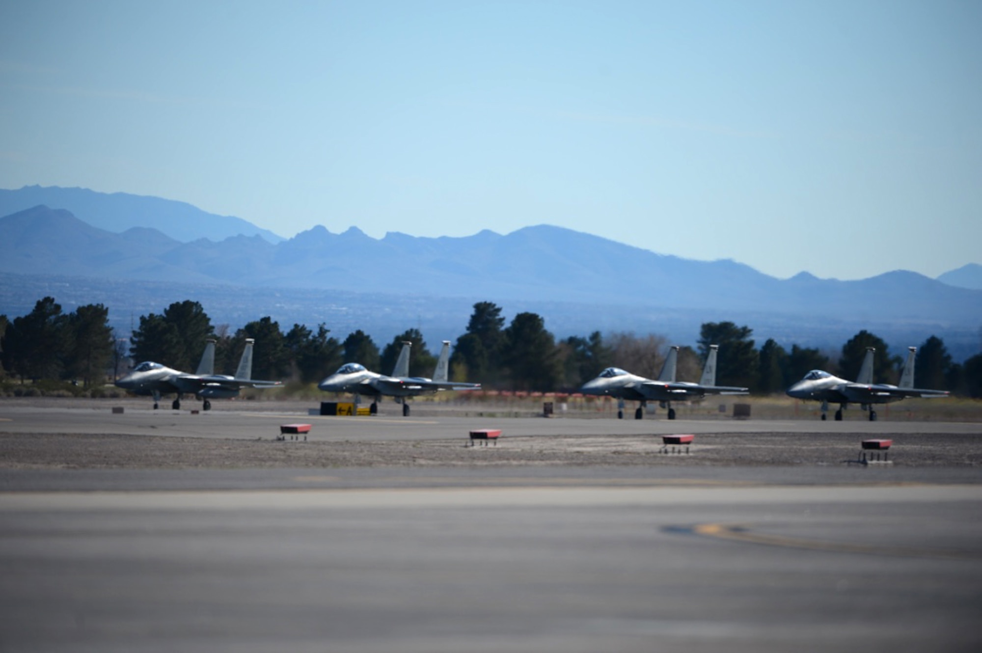 F-15 Eagles from the 493rd Fighter Squadron prepare to launch for a sortie in support of exercise Red Flag 17-2 at Nellis Air Force Base, Nev., Feb 24. Red Flag provides realistic combat training in a contested, degraded and operationally limited environment. (U.S. Air Force photo/Senior Airman Malcolm Mayfield)