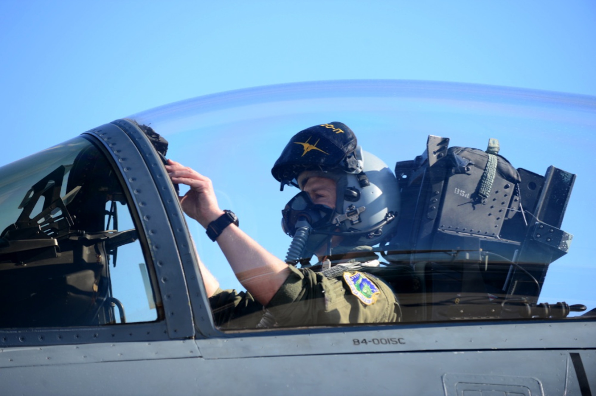 A 493rd Fighter Squadron pilot begins his preflight procedures for a sortie in support of exercise Red Flag 17-2 at Nellis Air Force Base, Nev., Feb. 24. More than 440,000 service members have participated in Red Flag since 1975, including more than 145,000 air crew members flying more than 385,000 sorties and logging more than 660,000 flight hours. (U.S. Air Force photo/Senior Airman Malcolm Mayfield)