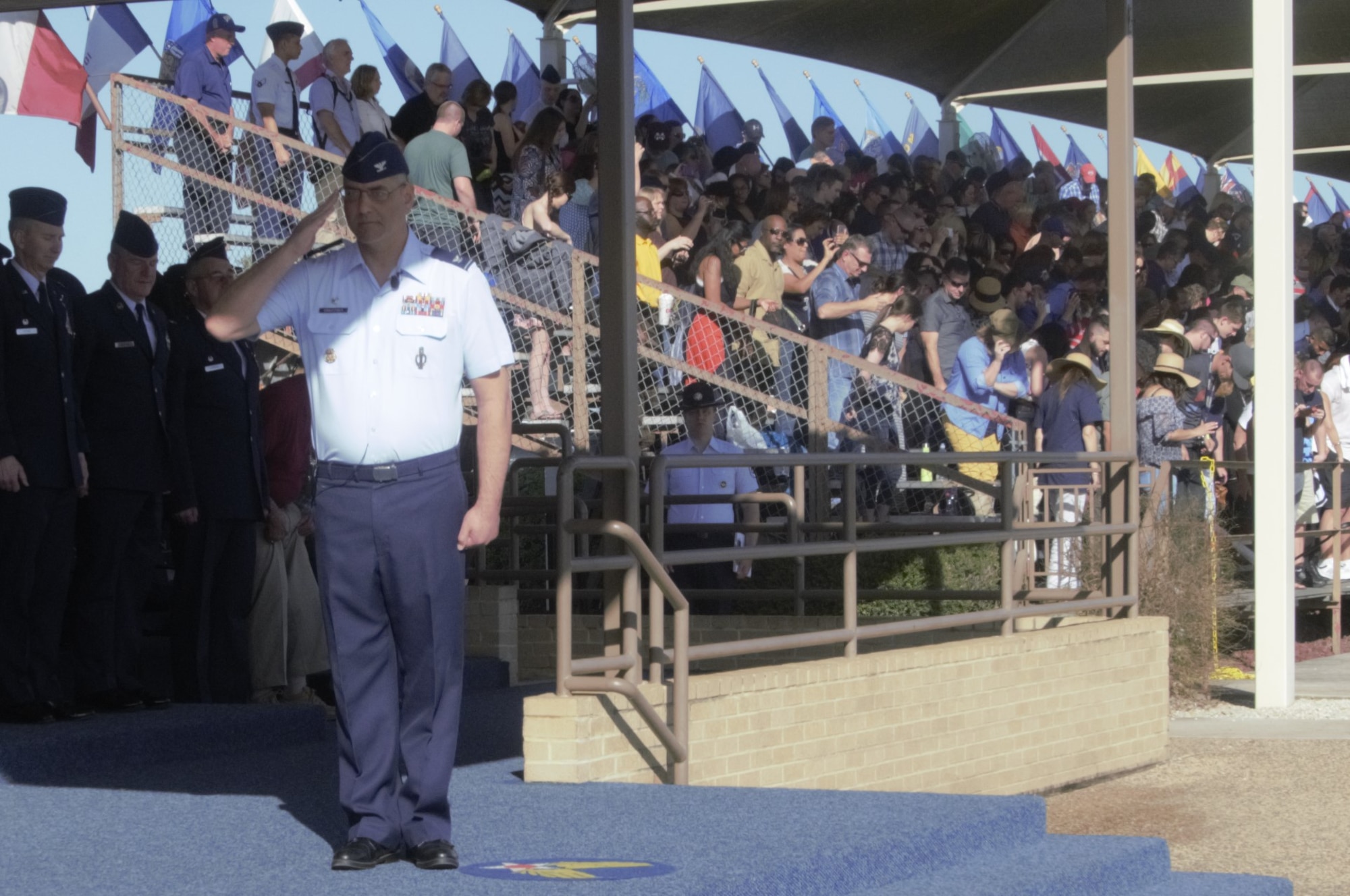 Col. Stephen Kravitsky, 90th Missile Wing commander, renders a salute as the Reviewing Official of the Basic Military Training Graduation Parade at Lackland Air Force Base, Texas, Feb. 24. The parade was the culminating event of a two-day tour of BMT during which noncommissioned officers from F.E. Warren AFB, Wyo., attended the Airman’s Run, Coining Ceremony and Graduation Parade as well as tours of the newest training facilities on the installation. (U.S. Air Force Photo by 1st Lt Esther Willett)