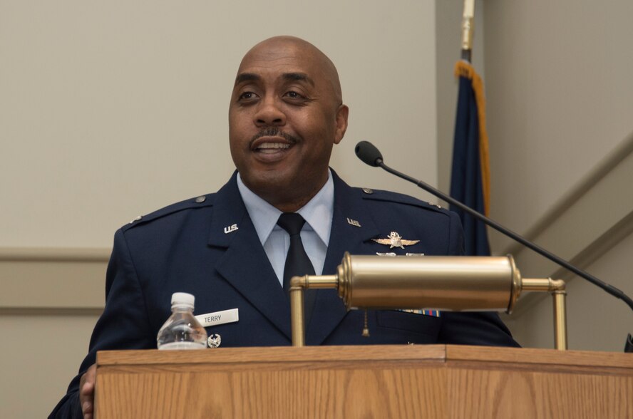 NAVAL AIR STATION FORT WORTH JOINT RESERVE BASE, Texas -- Col. Lloyd Terry, special assistant to the commander Tenth Air Force, speaks during the African American History Month luncheon at the base chapel aboard Naval Air Station Fort Worth Joint Reserve Base, Texas, Feb. 23, 2017. The event celebrated achievements and contributions of African Americans to the nation's history. (U.S. Air Force photos by Tech. Sgt. Melissa Harvey)
