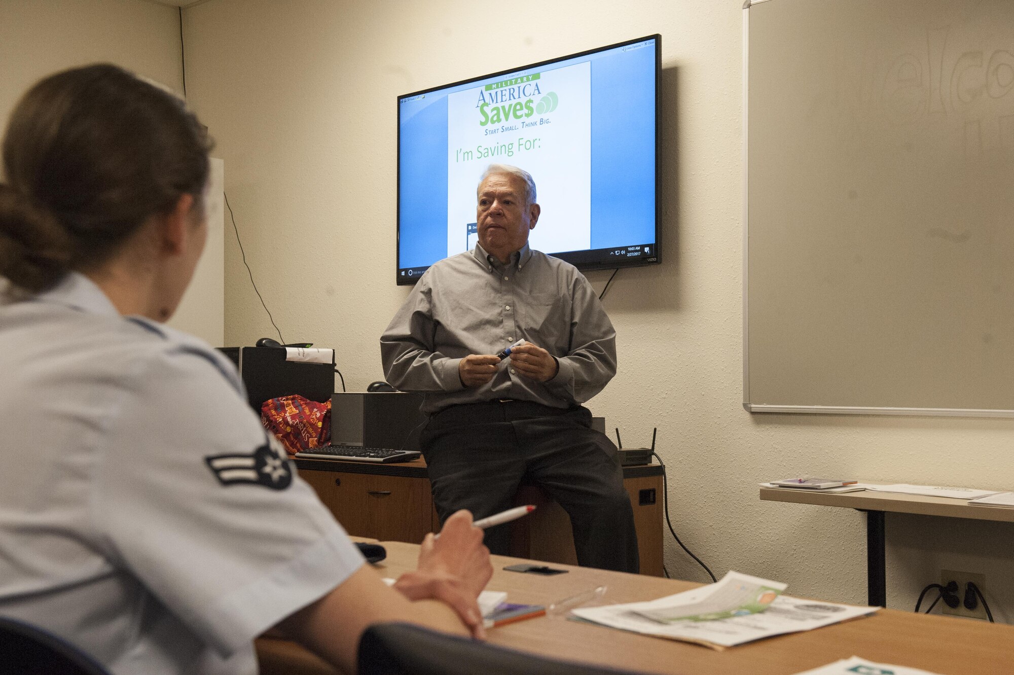 Miguel Hernandez, an accredited financial counselor from El Paso, Texas, teaches a finance class at the Airman and Family Readiness Center at Holloman Air Force Base, N.M., Feb. 27, 2017. The AFRC is spreading the saving message and urging the community to participate in Military Saves Week 2017 as well as take the Military Saves Pledge. (U.S. Air Force photo by Airman Ilyana A. Escalona)