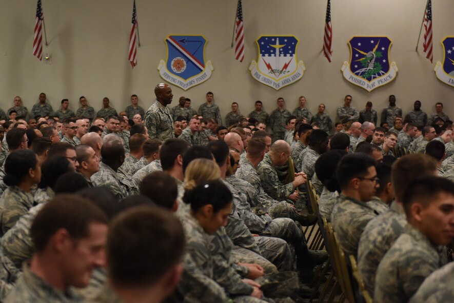 Chief Master Sergeant of the Air Force Kaleth O. Wright addresses the Airmen at the all call at Barksdale Air Force Base, La., Feb. 22, 2017. Wright spoke about his vision for the future of enlisted personnel of the Air Force. (U.S. Air Force Photo/Airman 1st Class Stuart Bright)