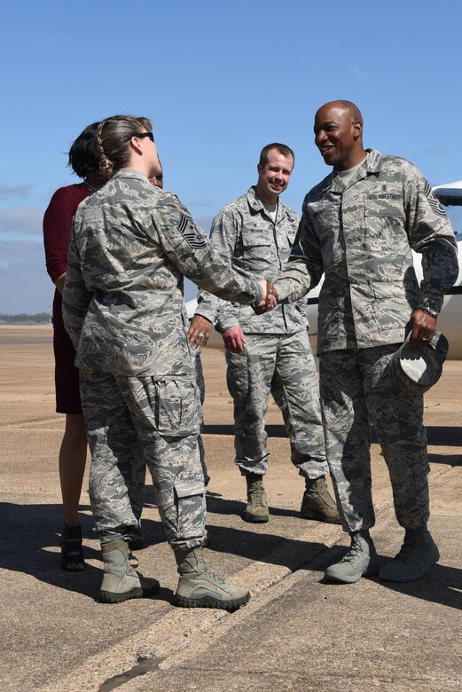 Chief Master Sgt. of the Air Force Kaleth O. Wrightmeets with Chief Master Sgt. Teresa Clapper, 2nd Bomb Wing command chief, as he arrives at Barksdale Air Force Base, La., Feb. 22, 2017. Wright became Chief Master Sergeant of the Air Force on February 17, 2017. (U.S. Air Force Photo/Airman 1st Class Stuart Bright)