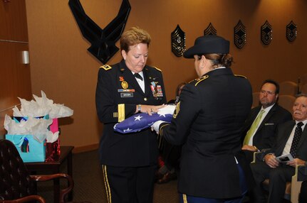 U.S. Army Maj. Gen. Heidi V. Brown, U.S. Strategic Command (USSTRATCOM) director of global operations, receives a folded U.S. flag from U.S. Army Sgt. 1st Class Yudelki Mackenzie, a member of USSTRATCOM Joint Color Guard, during her retirement ceremony in the 557th Weather Wing auditorium, Offutt Air Force Base, Neb., Feb. 24, 2017.  Brown served more than 35 years in the U.S. Army and will effectively retire Apr. 1, 2017.  Brown holds many distinctions, including the first woman to command and lead a U.S. Army brigade into combat, the first female general in the U.S. Army Air Defense Artillery Branch, the senior female combat arms officer in the Army, the first female combatant command operations director and the first soldier to serve as USSTRATCOM director of global operations.  Brown arrived at USSTRATCOM in February 2015, after serving as Missile Defense Agency’s test director at Fort Belvoir, Md.  One of nine DoD unified combatant commands, USSTRATCOM has global strategic missions assigned through the Unified Command Plan that include strategic deterrence; space operations; cyberspace operations; joint electronic warfare; global strike; missile defense; intelligence, surveillance and reconnaissance; and analysis and targeting.