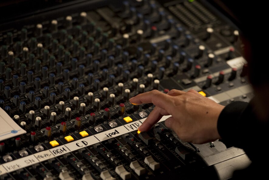 A sound technician manages audio quality during the Japan-U.S. Joint Concert Feb. 18, 2017, at the Mizuho View Park Sky Hall in Mizuho, Tokyo, Japan. The purpose of the joint concert was to strengthen friendships and give back to the local communities around Yokota Air Base. (U.S. Air Force photo by Airman 1st Class Donald Hudson)
