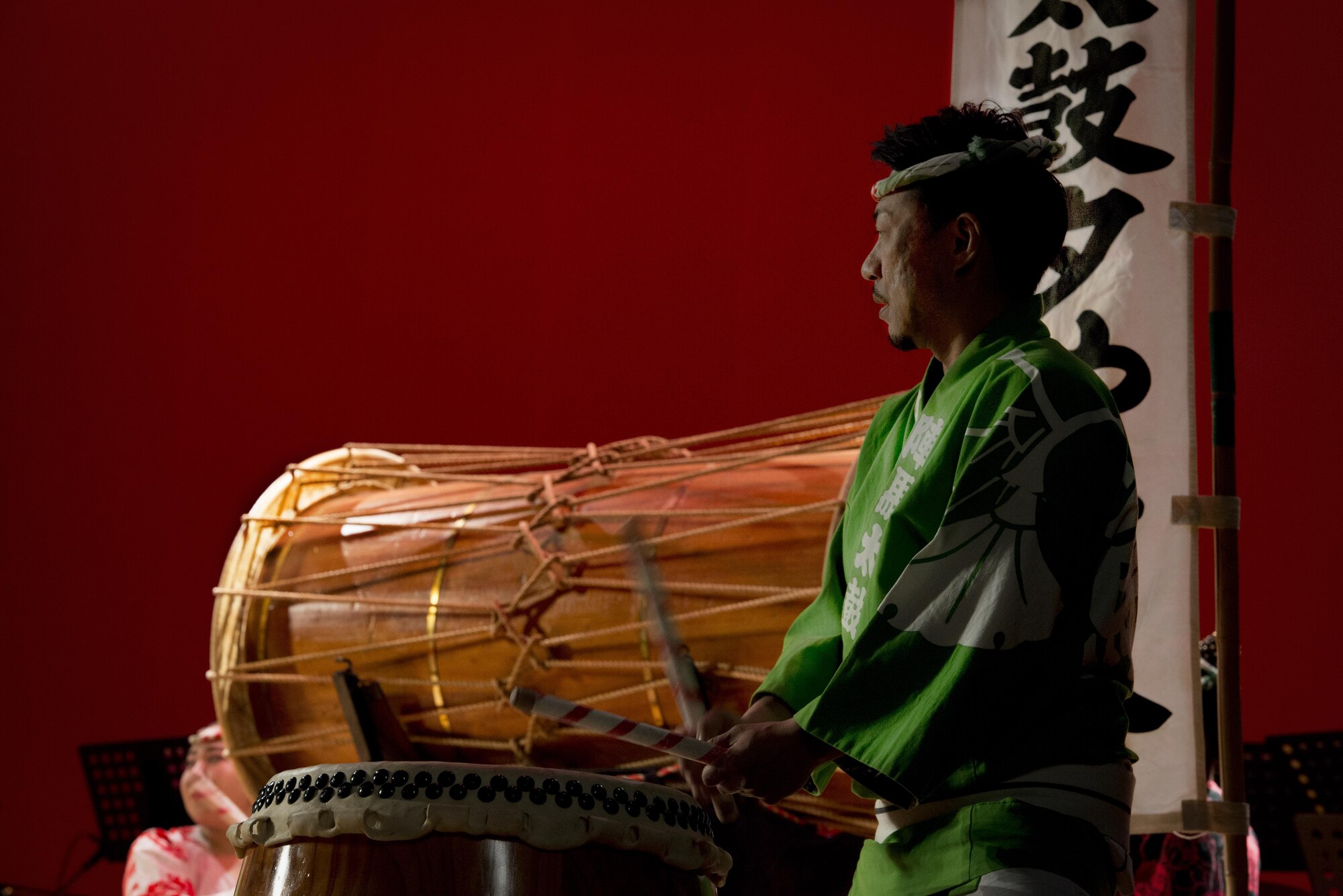 A member of the Yokota Samurai Daiko preforms during the Japan-U.S. Joint Concert Feb. 18, 2017, at the Mizuho View Park Sky Hall in Mizuho, Tokyo, Japan. The Yokota Samurai Daido is made up of Yokota military, civilians and Japanese employees who play a traditional Japanese drumming called wadaiko, with the intent to reach out and deepen friendships between the communities around Yokota Air Base. (U.S. Air Force photo by Airman 1st Class Donald Hudson)