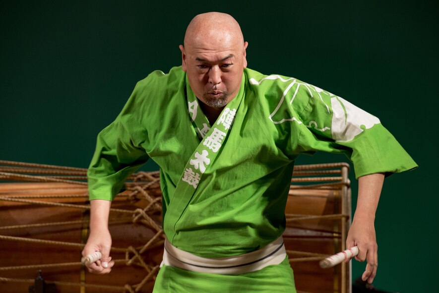 A member of the Yokota Samurai Daiko performs a drum solo during the Japan-U.S. Joint Concert Feb. 18, 2017, at the Mizuho View Park Sky Hall in Mizuho, Tokyo, Japan. The Yokota Samurai Daido is made up of Yokota military, civilians and Japanese employees who play a traditional Japanese drumming called wadaiko, with the intent to reach out and deepen friendships between the communities around Yokota Air Base. (U.S. Air Force photo by Airman 1st Class Donald Hudson)