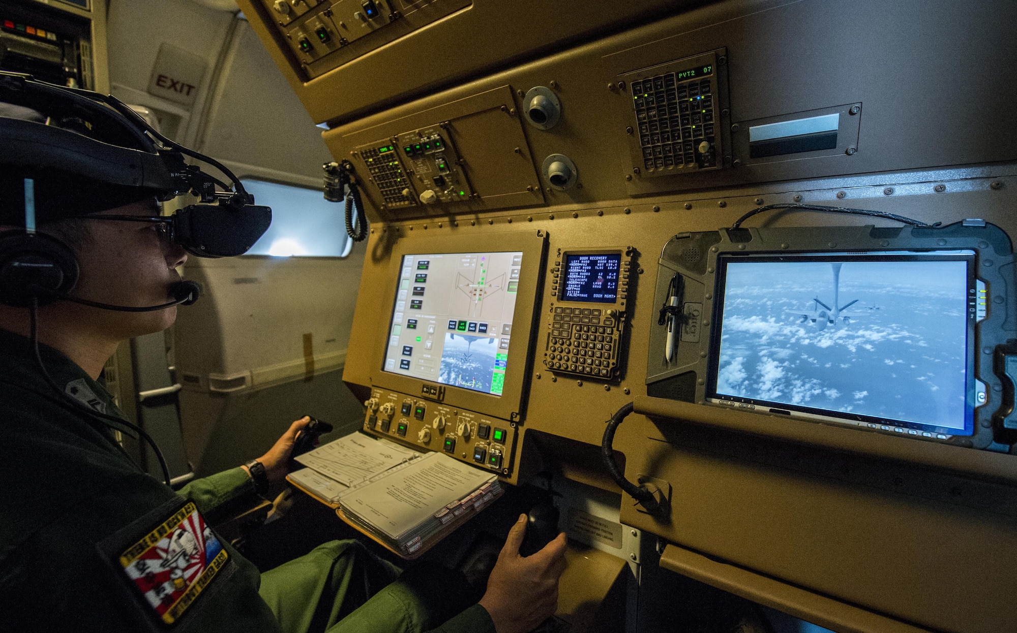 Japan Air Self-Defense Force Tech. Sgt. Yoshiaki Otabe, 404th Squadron boom operator, controls the boom while performing aerial refueling of an F-15 Eagle during Cope North 17, Feb. 28, 2017. The exercise includes 22 total flying units and more than 2,700 personnel from three countries and continues the growth of strong, interoperable relationships within the Indo-Asia-Pacific region through integration of airborne and land-based command and control assets. (U.S. Air Force Photo by Senior Airman Keith James)