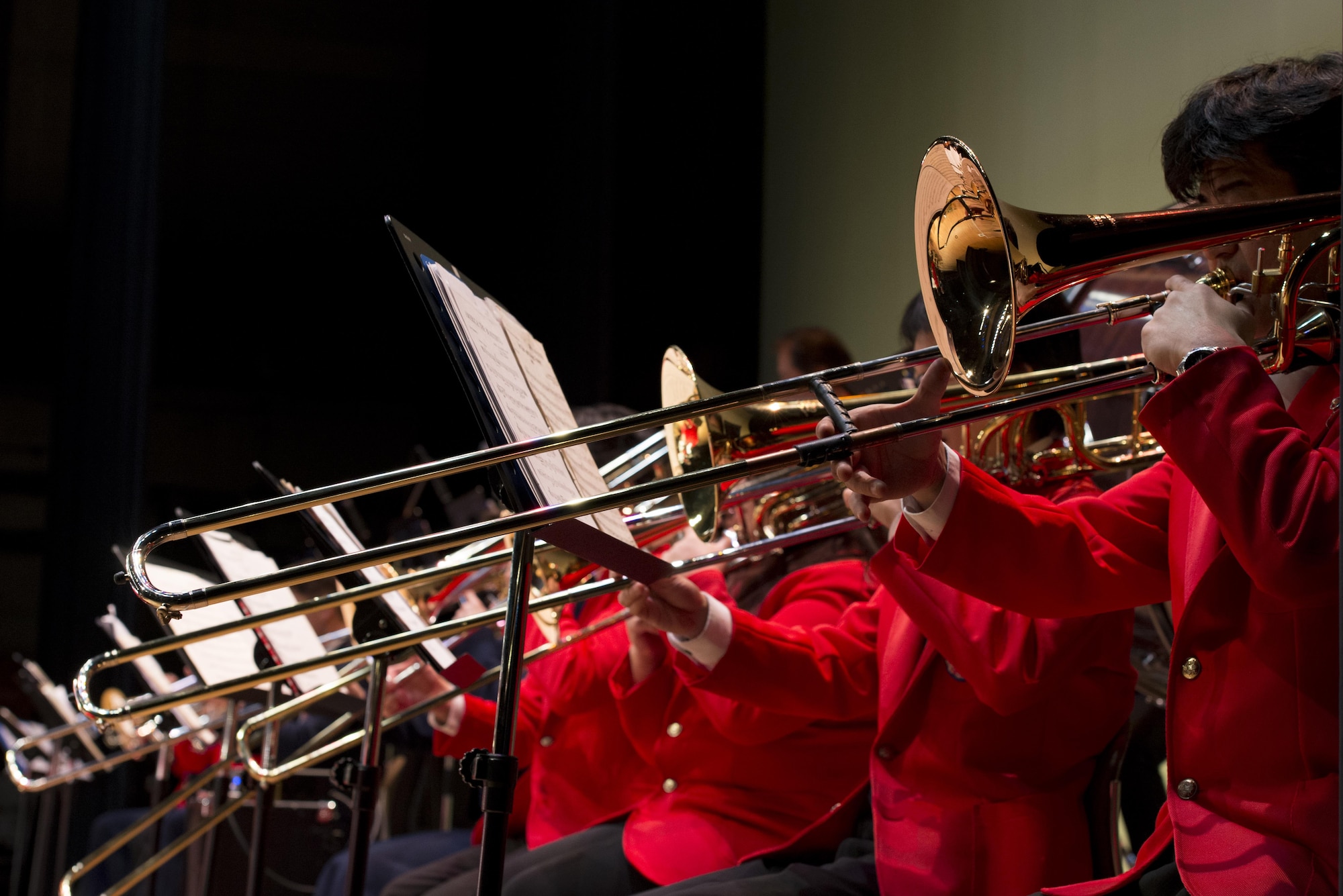 The Mizuho Youth Symphonic Band and the U.S. Air Force Band of the Pacific-Asia perform together on stage during the Japan-U.S. Joint Concert Feb. 18, 2017, at the Mizuho View Park Sky Hall in Mizuho, Tokyo, Japan. The Mizuho Youth Symphonic Band and the U.S. Air Force Band of the Pacific-Asia mixed and played as one for the event. (U.S. Air Force photo by Airman 1st Class Donald Hudson)
