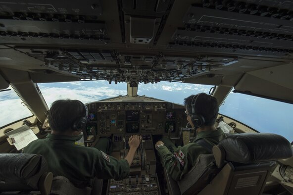 Japan Air Self-Defense Force Majs. Koji Yokoyama and Shuji Onodera, 404th Squadron pilots, fly a KC-767 during an aerial refueling mission at Cope North 17, Feb. 28, 2017. The exercise includes 22 total flying units and more than 2,700 personnel from three countries and continues the growth of strong, interoperable relationships within the Indo-Asia-Pacific region through integration of airborne and land-based command and control assets. (U.S. Air Force Photo by Senior Airman Keith James)