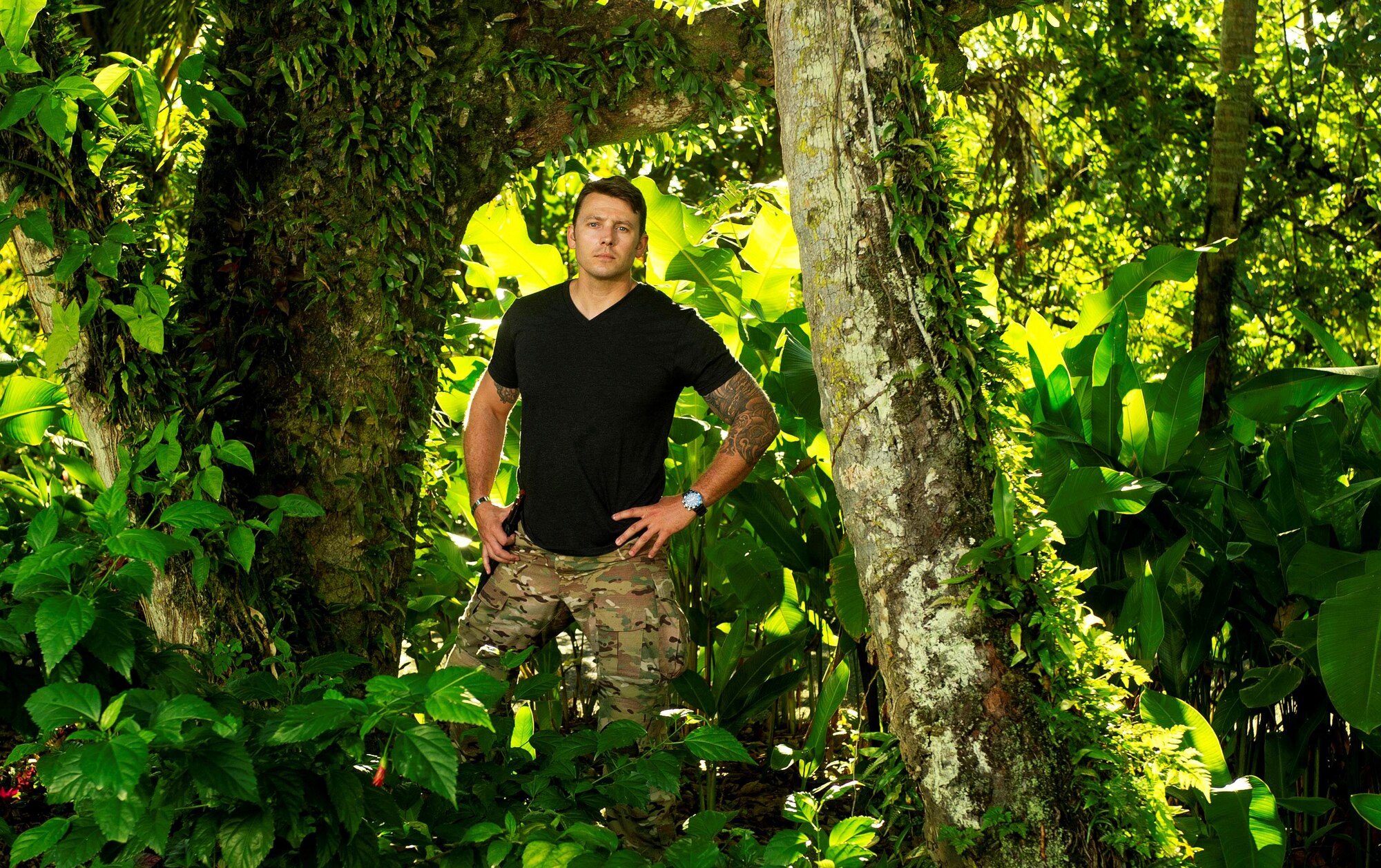 Tech. Sgt. Ben Domian, a survival, evasion, resistance, and escape specialist with the 920th Rescue Wing, stars in a new reality show, "Kicking and Screaming," set to air March 9 at 8 p.m. Central Standard Time on FOX network. The competition series teams 10 expert survivalists with pampered novices in a tropical jungle in Fiji to battle it out for a chance to win $500,000. (Photo by Jeff Neira courtesy of FOX Broadcasting company.)
