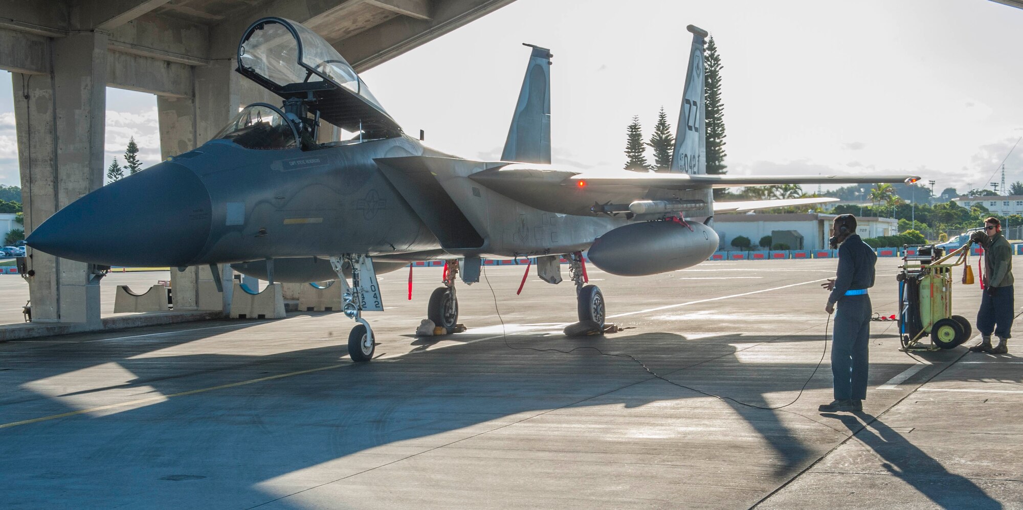An F-15 Eagle pilot and maintainers from the 44th Fighter Squadron and Aircraft Maintenance Unit, test an Eagle prior to takeoff, Feb. 14, 2017, on Kadena Air Base, Japan. Members of the 44th FS and AMU conducted training as part of a multi-branch exercise with U.S. Navy pilots and maintainers from Naval Air Facility Atsugi, Japan. (U.S. Air Force photo by Senior Airman Nick Emerick/Released) 