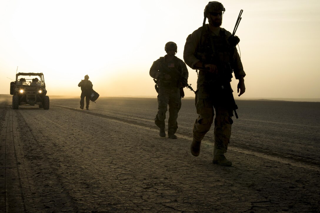 Airmen participate in a training exercise at Grand Bara, Djibouti, Feb. 20, 2017. The airmen are pararescuemen assigned to the 82nd Expeditionary Rescue Squadron, which conducted personnel recovery, casualty evacuation, medical evacuation and sensitive item recovery to support Defense Department personnel within the Combined Joint Task Force Horn of Africa operations area. Air Force photo by Tech. Sgt. Joshua J. Garcia