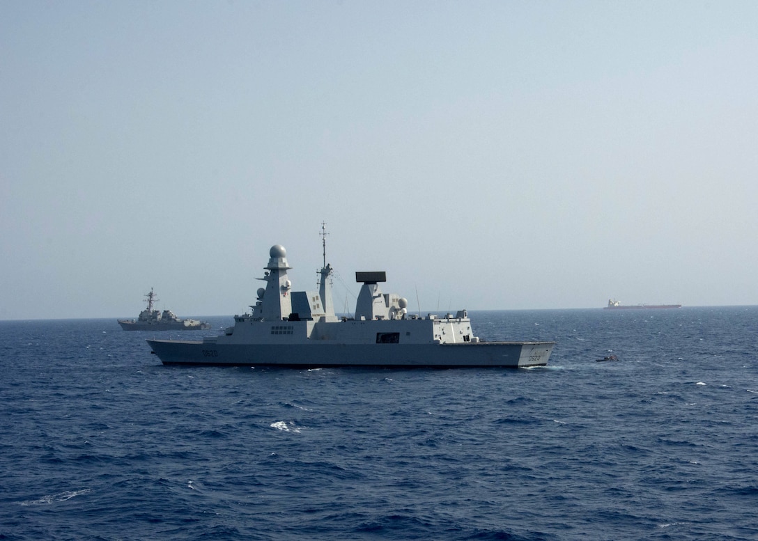 RED SEA (July 01, 2016) The French Navy’s Horizon-class air defense destroyer FS Forbin (D620) participates with the Arleigh Burke-class guided-missile destroyers USS Mason (DDG 87) and USS Roosevelt (DDG 80) for a simulated Maritime Interdiction Operation. Mason, deployed as part of the Eisenhower Carrier Strike Group, is deployed to the U.S. 5th Fleet area of responsibility conducting maritime security operations, theater security cooperation efforts and support missions for Operation Inherent Resolve. (U.S. Navy photo by Mass Communications Specialist 3rd Class Janweb B. Lagazo/Released)