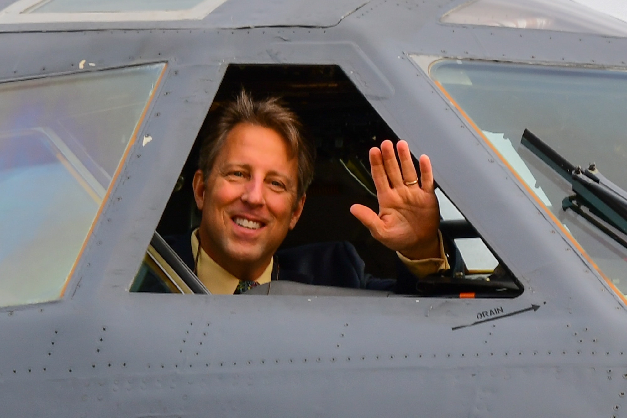 93rd Bomb Squadron Honorary Commander Barry Regula, Margeritaville Casino Vice President and General Manager, waves from the window of a B-52 Stratofortress on Barksdale Air Force Base,  December 2, 2016. The Honorary Commanders’ Program was created to strengthen community relations throughout the Shreveport/Bossier City area and increase public awareness and understanding of the Air Force Reserve, our mission, and sustain our reserve-work-life balance. (U.S. Air Force photo by Master Sgt. Laura Siebert)