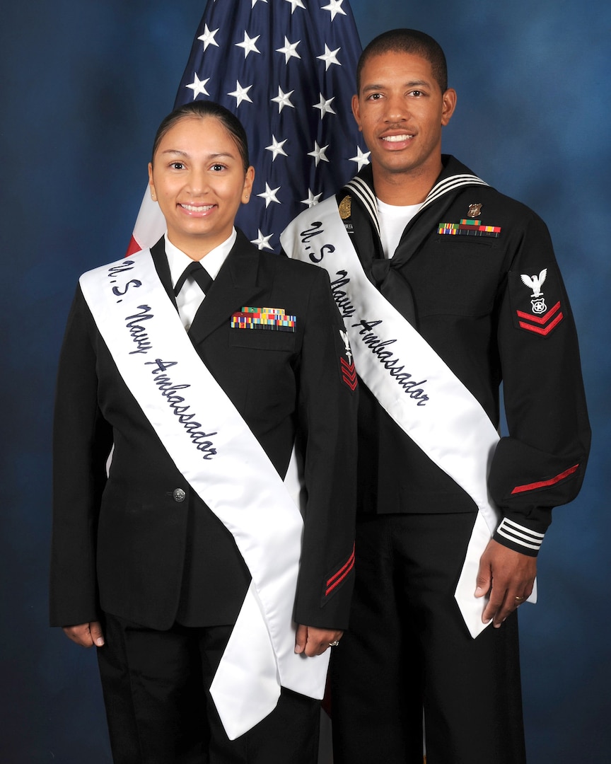 Petty Officer 1st Class Cindy Gallego and Petty Officer 2nd Class Adonis M. Lowery are the 2017 U.S. Navy Military Ambassadors for Joint Base San Antonio.
