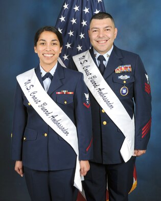Petty Officer 3rd Class Christine Mesta and Petty Officer 1st Class Ernesto Campos  are the 2017 U.S.Coast Guard Military Ambassadors for Joint Base San Antonio.