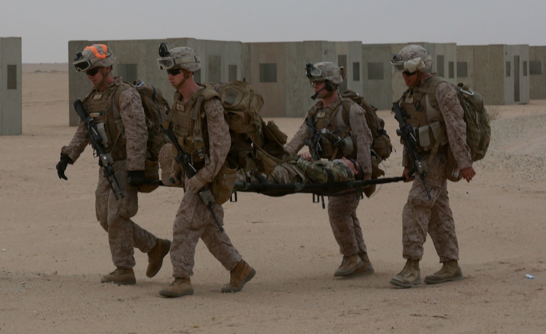 U.S. Marines with 3rd Battalion, 7th Marine Regiment, Special Purpose Marine Air-Ground Task Force-Crisis Response-Central Command, hastily carry a simulated casualty during a Tactical Recovery of Aircraft and Personnel exercise, Dec. 26, 2016. Marines with 3/7 compose the ground combat element, to include the dedicated TRAP force, for SPMAGTF-CR-CC within the Central Command area of operations, spanning 20 countries. SPMAGTF-CR-CC is currently forward deployed to several host nations, with the ability to respond to a variety of contingencies rapidly and effectively.