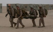 U.S. Marines with 3rd Battalion, 7th Marine Regiment, Special Purpose Marine Air-Ground Task Force-Crisis Response-Central Command, hastily carry a simulated casualty during a Tactical Recovery of Aircraft and Personnel exercise, Dec. 26, 2016. Marines with 3/7 compose the ground combat element, to include the dedicated TRAP force, for SPMAGTF-CR-CC within the Central Command area of operations, spanning 20 countries. SPMAGTF-CR-CC is currently forward deployed to several host nations, with the ability to respond to a variety of contingencies rapidly and effectively.