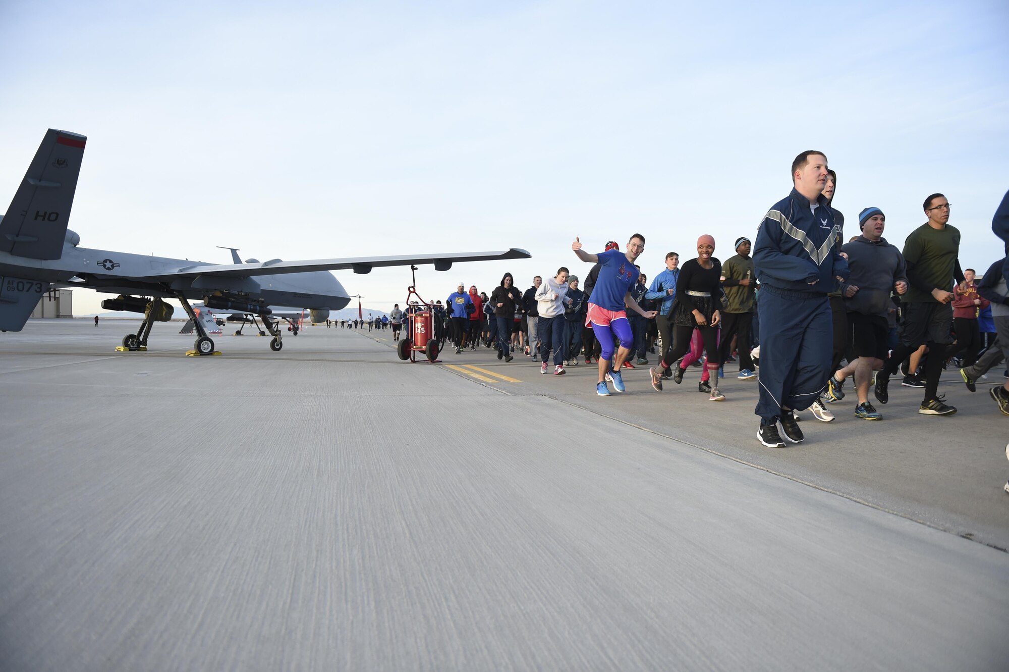 Holloman Air Force Base participated in the Proud to be a 49'er Fun Run Jan. 3, 2017 to ring in the New Year. The run was held on the flight line with an option to run 1.5 mile or a 5K. Participants were encouraged to show their pride by wearing anything that demonstrated their Air Force pride, such as a favorite team jersey or a fun costume. (U.S. Air Force photo by Staff Sgt. Stacy Jonsgaard)