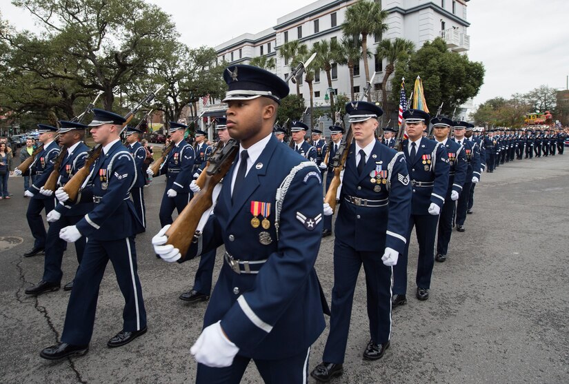 More than 90 members of the U.S. Air Force Honor Guard performed in the Allstate Sugar Bowl New Years Eve Parade in New Orleans, LA, Dec. 31, 2016.  The event is part of the Allstate Sugar Bowl celebration that leads to the game between the Auburn Tigers and Oklahoma Sooners on Jan. 2., 2017.