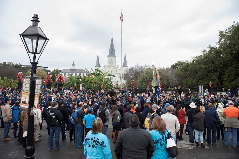 The U.S. Air Force Honor Guard formation marches past the St. Louis Cathedral during the Allstate Sugar Bowl New Years Eve Parade in New Orleans, LA, Dec. 31, 2016.  The parade consisted of floats, bands, marching units and other performers to entertain fans prior to the Allstate Sugar Bowl between the Auburn Tigers and Oklahoma Sooners on Jan. 2, 2017. 