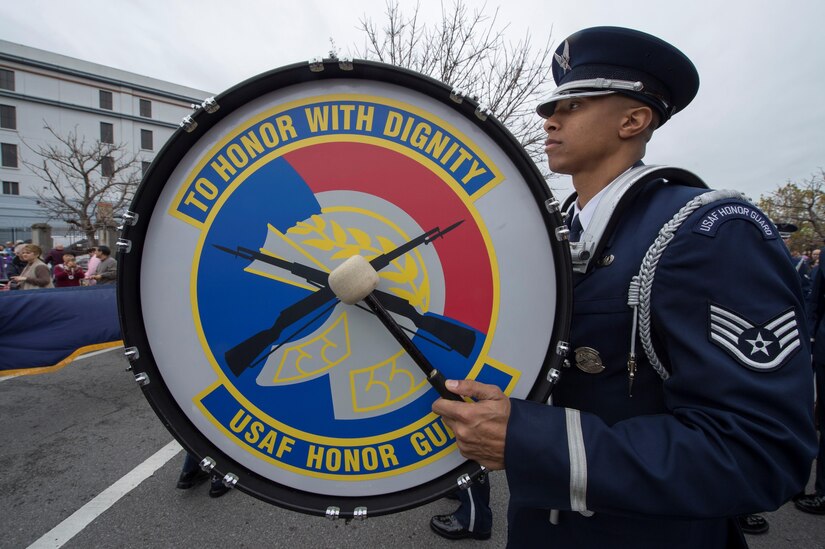 Staff Sgt. Thomas Anderson, U.S. Air Force Honor Guard ceremonial guardsman, prepares to march during the Allstate Sugar Bowl New Years Eve Parade in New Orleans, LA, Dec. 31, 2016.  The parade consisted of floats, bands, marching units and other performers to entertain fans prior to the Allstate Sugar Bowl between the Auburn Tigers and Oklahoma Sooners on Jan. 2, 2017. 