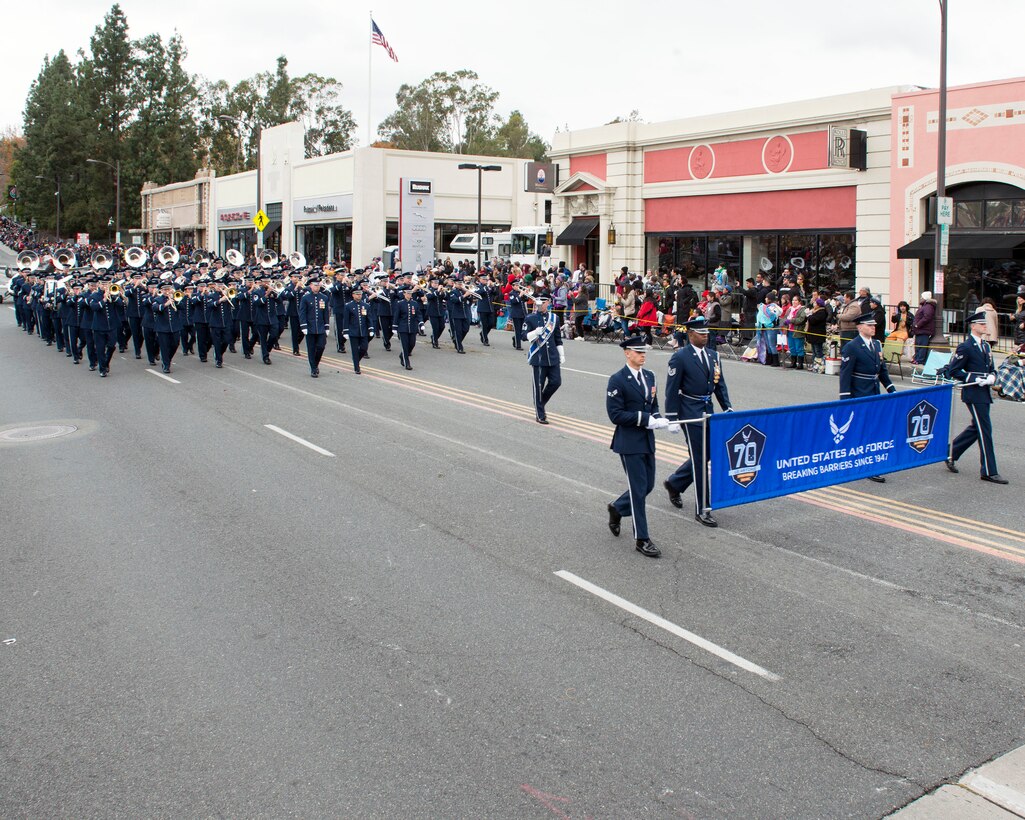 The United States Air Force Total Force Band performs in the 128th Rose Parade in Pasadena, Calif., Jan. 2, 2017. The USAF Total Force Band kicked off the Air Force 70th Birthday celebration playing several venues in Southern California culminating with their appearance in the Rose Parade. The band is comprised of active-duty and Air National Guard musicians from around the Air Force. (U.S. Air Force photo/Louis Briscese)